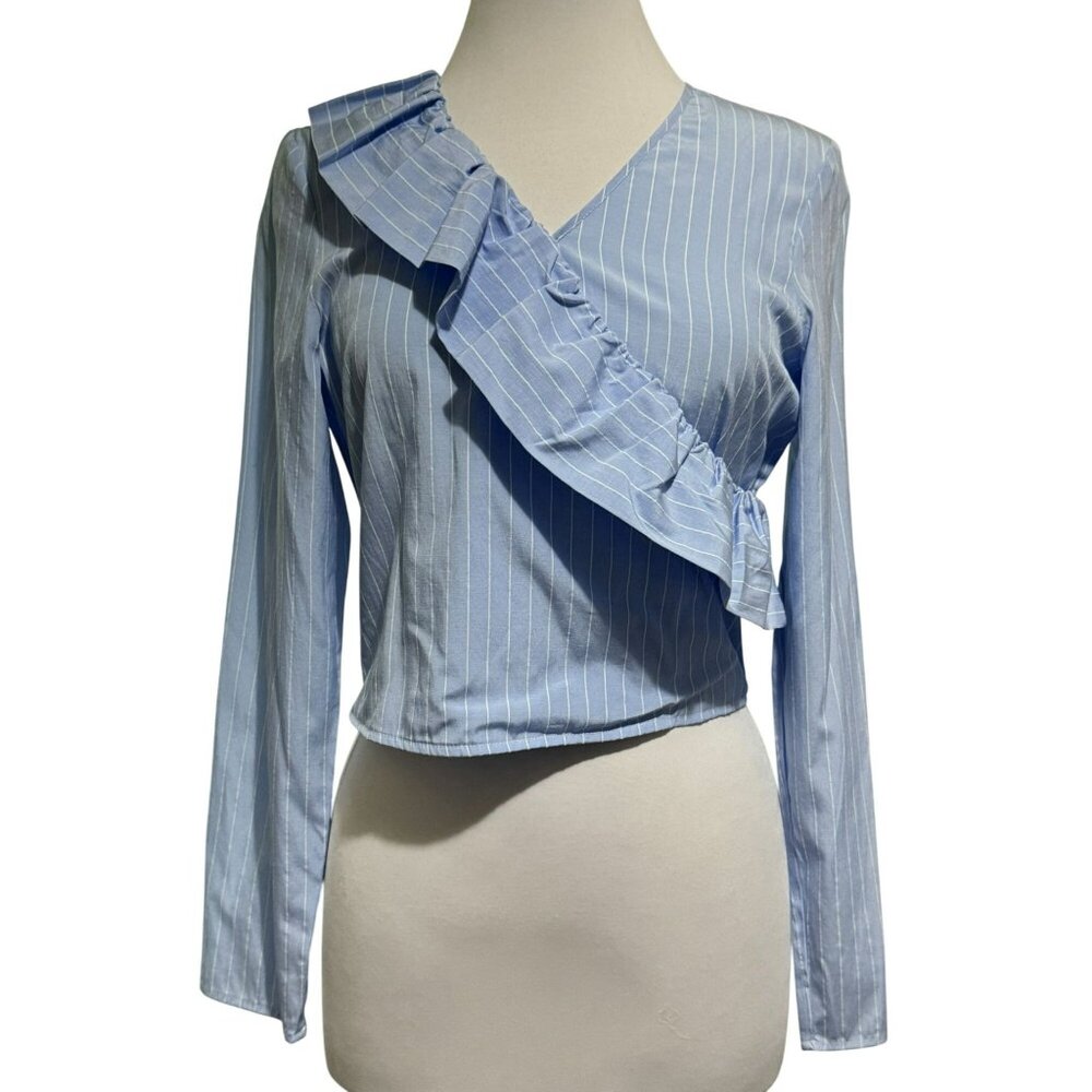 Freshman Crossover Asymmetric Ruffle Cotton Top Blue White Pinstripe LS Sz M